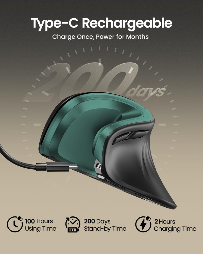 ProtoArc Ergonomic Mouse, EM11 NL Wireless Vertical Mouse, Ergo Mouse with Multi-Device, USB-C Rechargeable Mice for Windows, Mac OS, PC/Notebook/Laptop,Green - Image 2